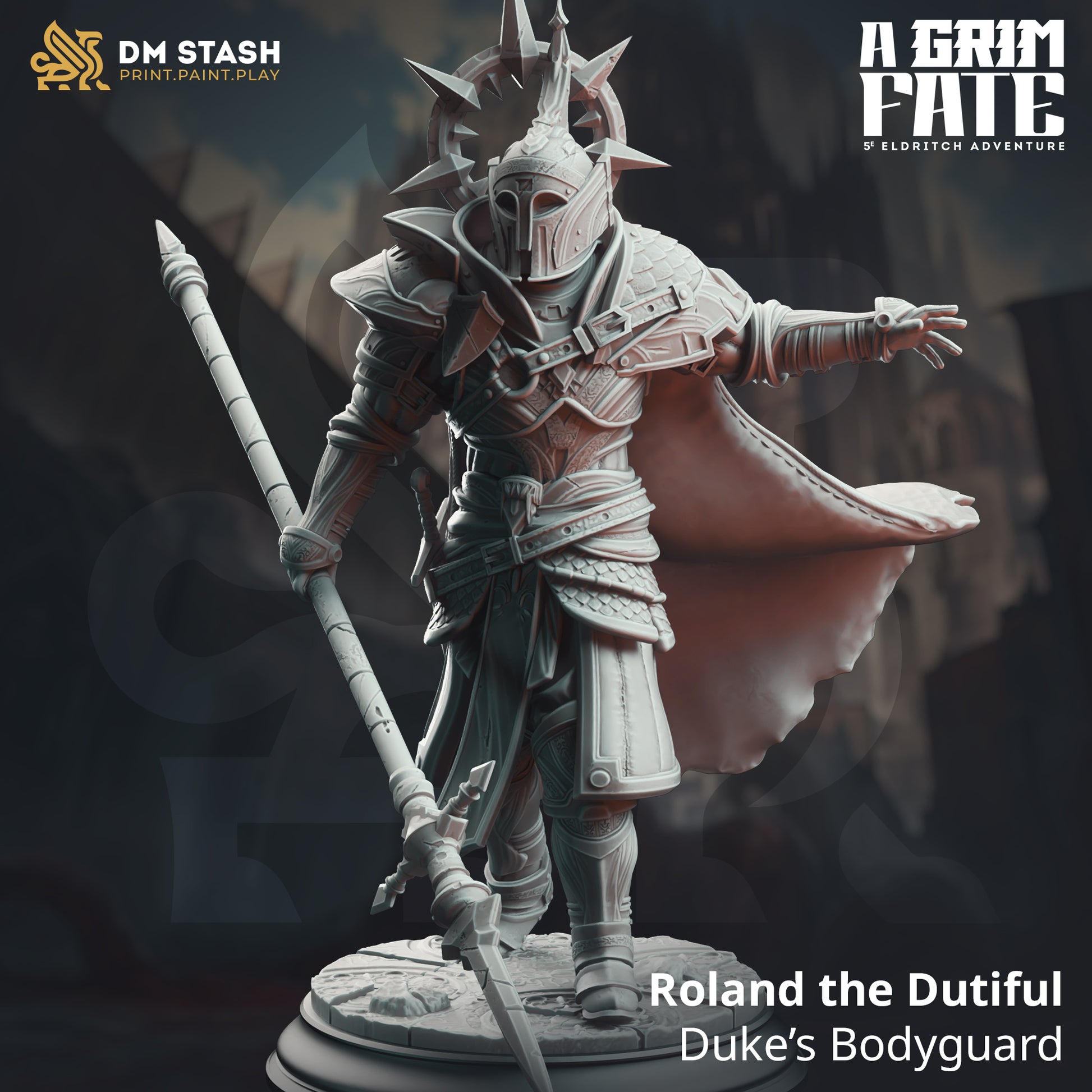 Image shows an 3D render of a human knight gaming miniature holding a poleaxe with his other arm outstretched. There is a spiky halo behind his helmet.