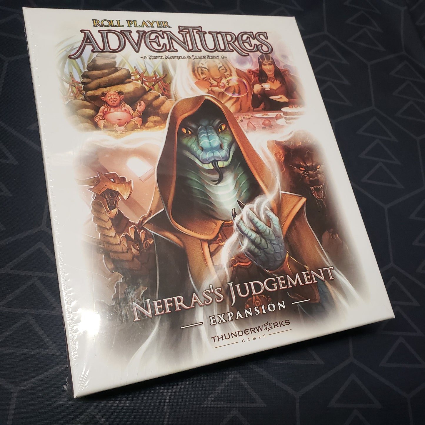 Image shows the front cover of the box of the Nefras's Judgement expansion for the board game Roll Player Adventures