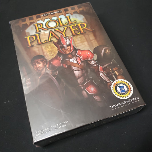 Image shows the front cover of the box of the Roll Player board game