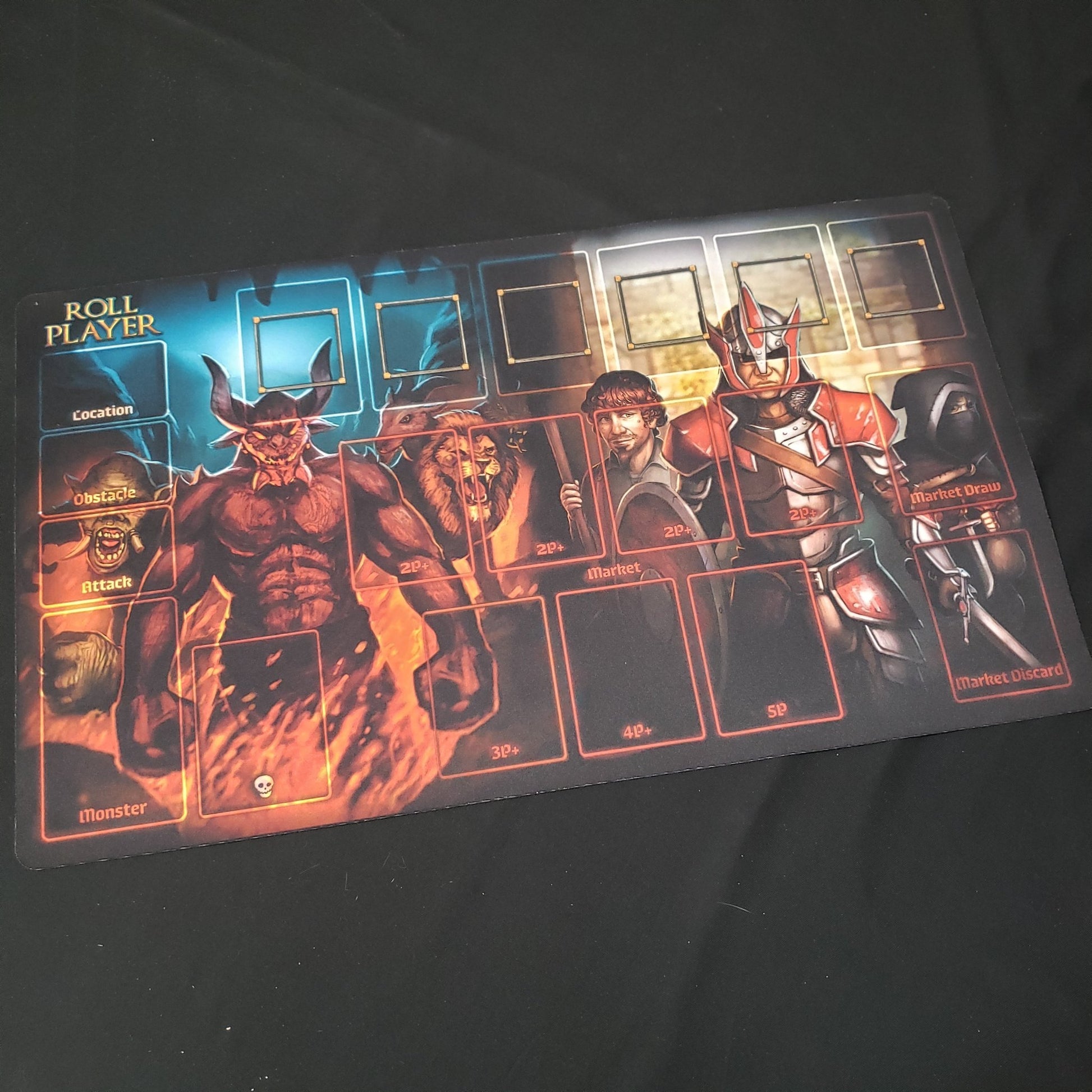 Image shows a playmat featuring the artwork Monsters & Minions expansion as well as the base game for the board game Roll Player