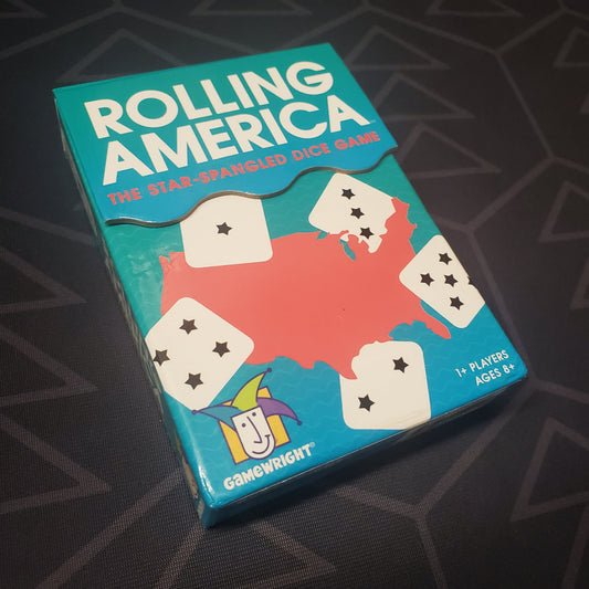 Image shows the front cover of the box for the Rolling America board game