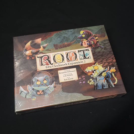 Image shows the front cover of the box for the Clockwork 2 expansion from the board game Root
