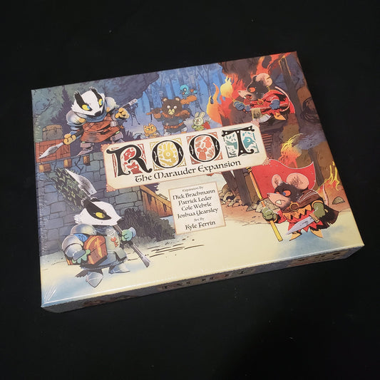 Image shows the front cover of the box for the Marauder expansion from the board game Root