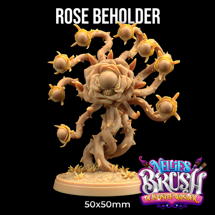 Image shows a 3D render of a gaming miniature sculpt of a beholder monster made of roses