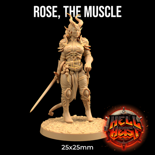Image shows a 3D render of a tiefling fighter gaming miniature holding a sword