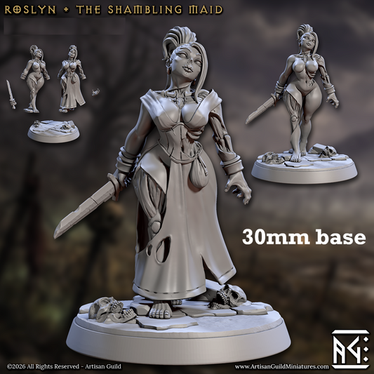 Image shows a 3D render of a zombie maid gaming miniature.
