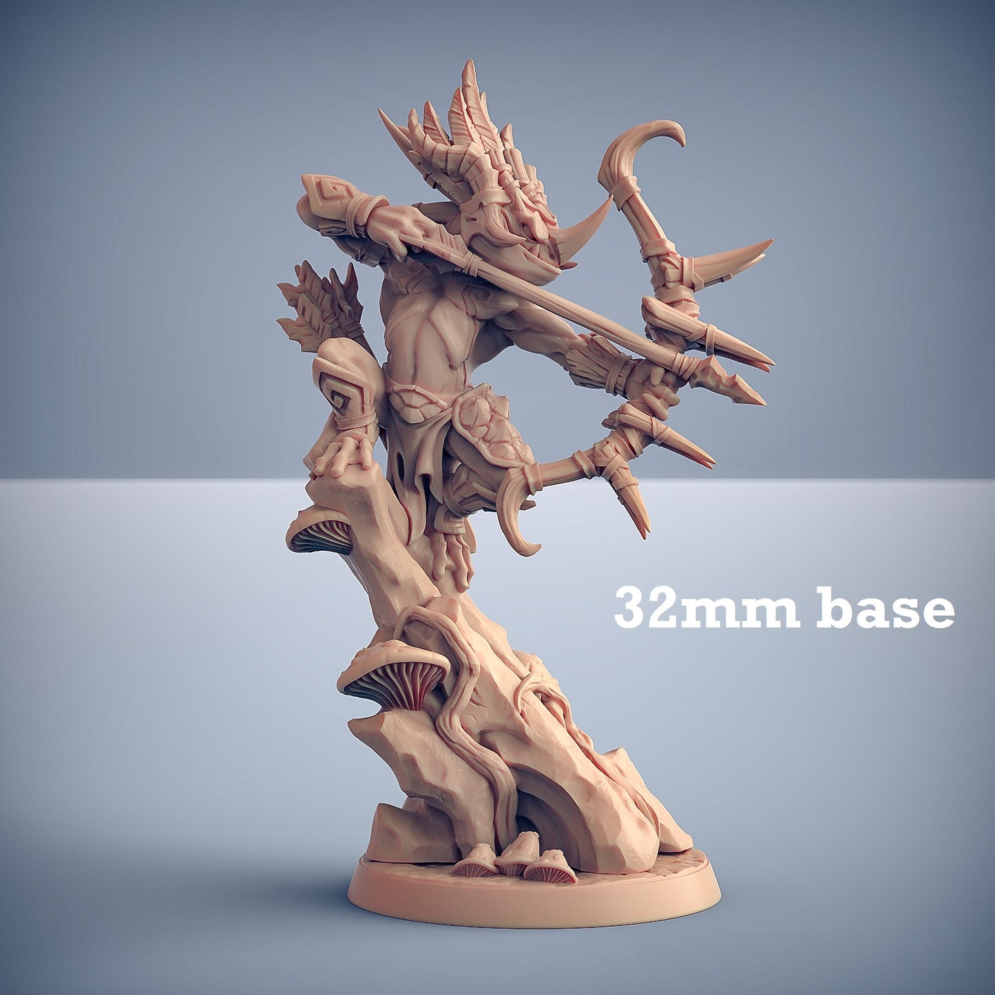 Image shows a 3D render of a frogfolk ranger gaming miniature.