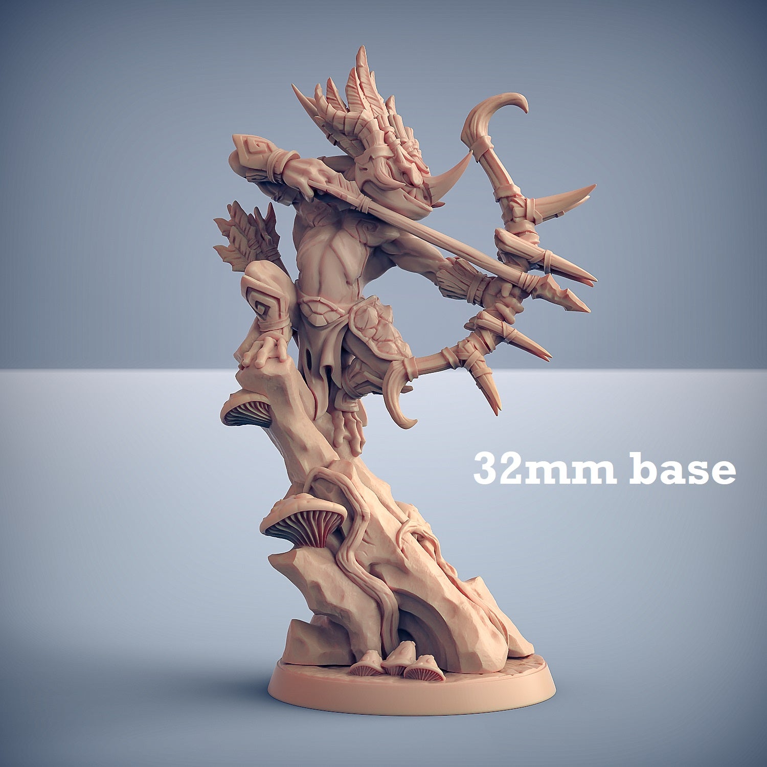 Image shows a 3D render of a frogfolk ranger gaming miniature.