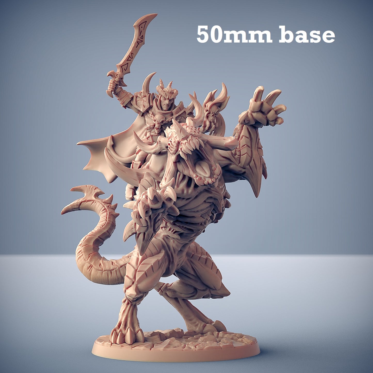 Image shows a 3D render of a demon beast gaming miniature with a tiefling rider