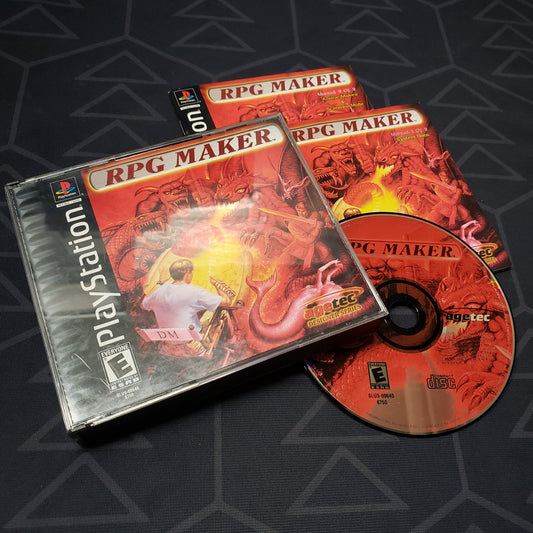 Image shows the jewel case with two manuals and game disc for the video game RPG Maker for Playstation 1
