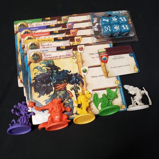 Image shows the miniatures and cards for the Deep Lords Heroes expansion for the board game Rum & Bones: Second Tide