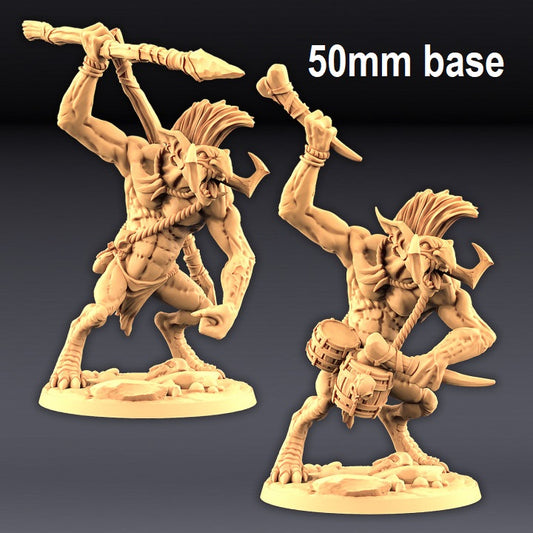 Image shows an 3D render of two different options for a troll gaming miniature, one with a set of drums and one holding a spear over its head