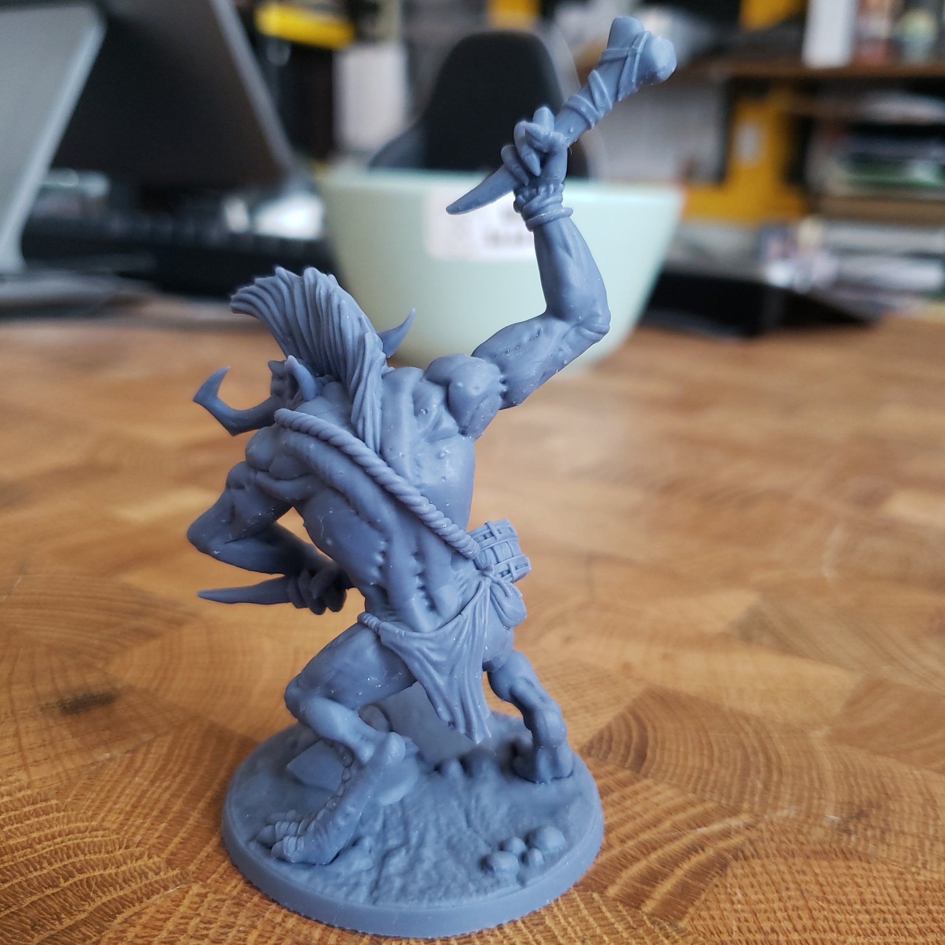 Image shows an example of a 3D printed troll drummer miniature printed in-house at All Systems Go