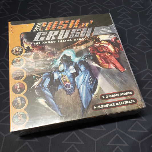 Image shows the front cover of the box of the Rush N' Crush board game