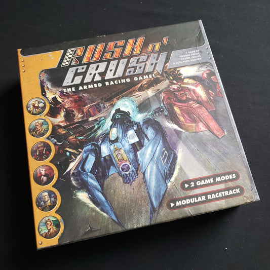 Image shows the front cover of the box of the Rush N' Crush board game