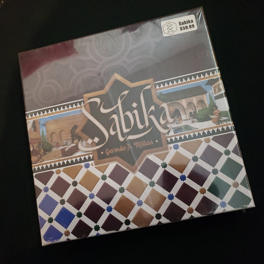 Image shows the front cover of the box of the Sabika board game