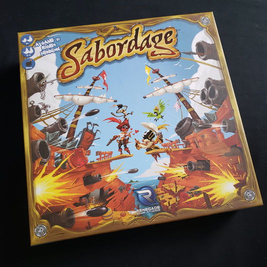 Image shows the front cover of the box of the Sabordage board game