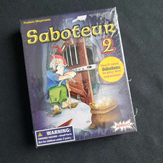 Image shows the front cover of the box of the Sabateur 2 card game expansion 