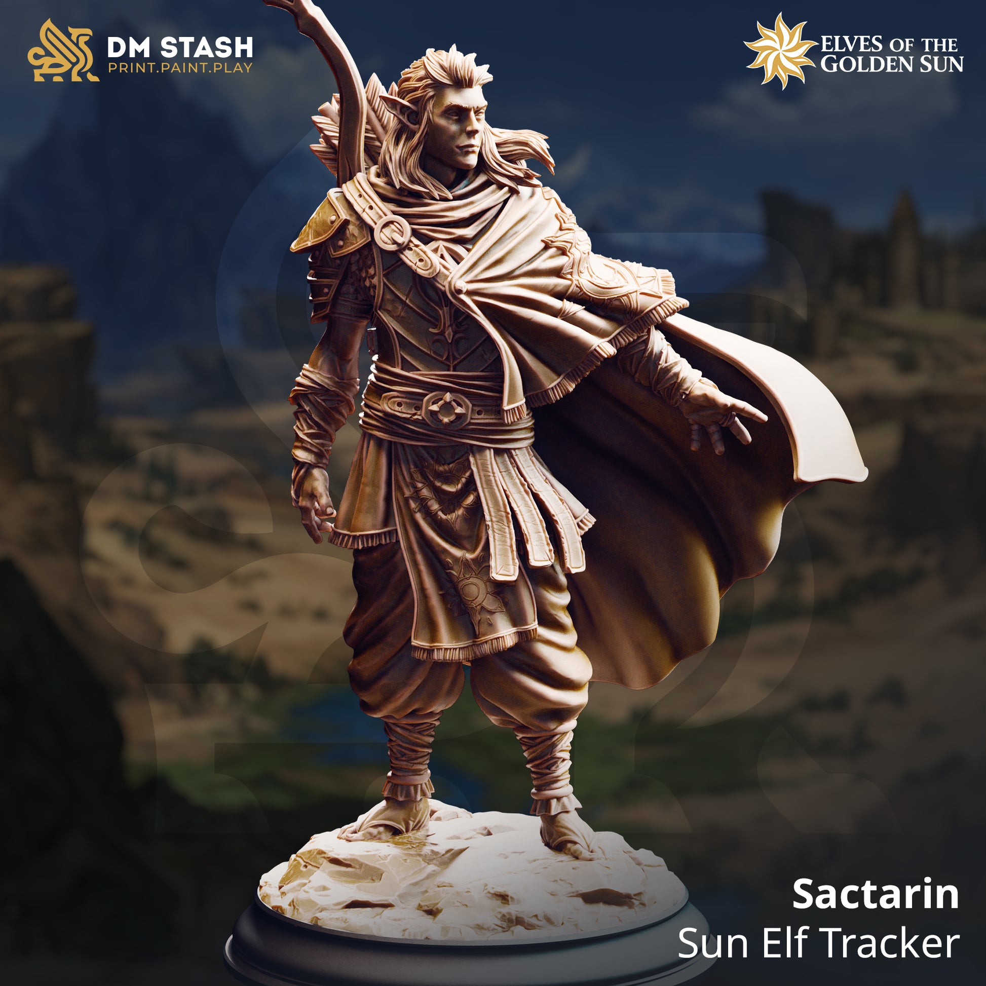 Image shows a 3D render of a elf ranger gaming miniature.