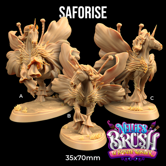 Image shows 3D renders of three different sculpt options of a unicorn butterfly gaming miniature