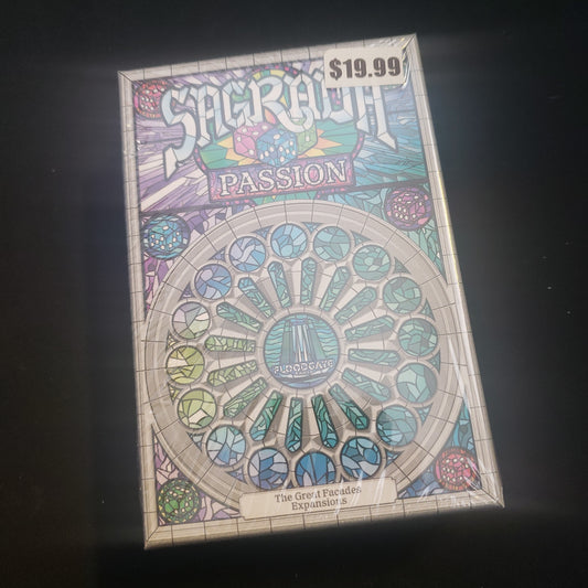 Image shows the front cover of the box of the Passion expansion for the board game Sagrada