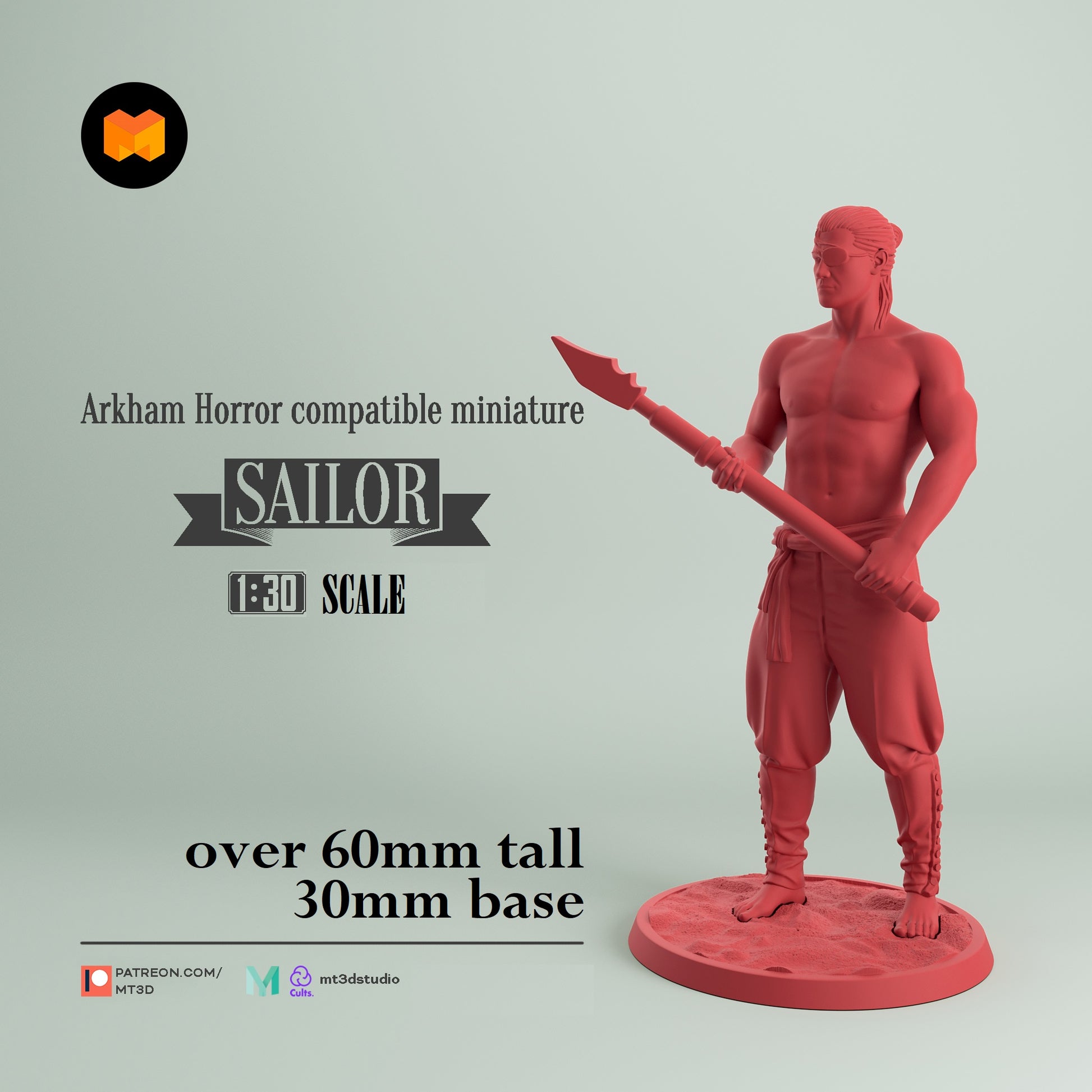 Image shows a 3D render of a shirtless sailor gaming miniature holding a fishing spear