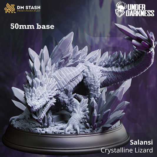 Image shows a 3D render of a crystal lizard gaming miniature.
