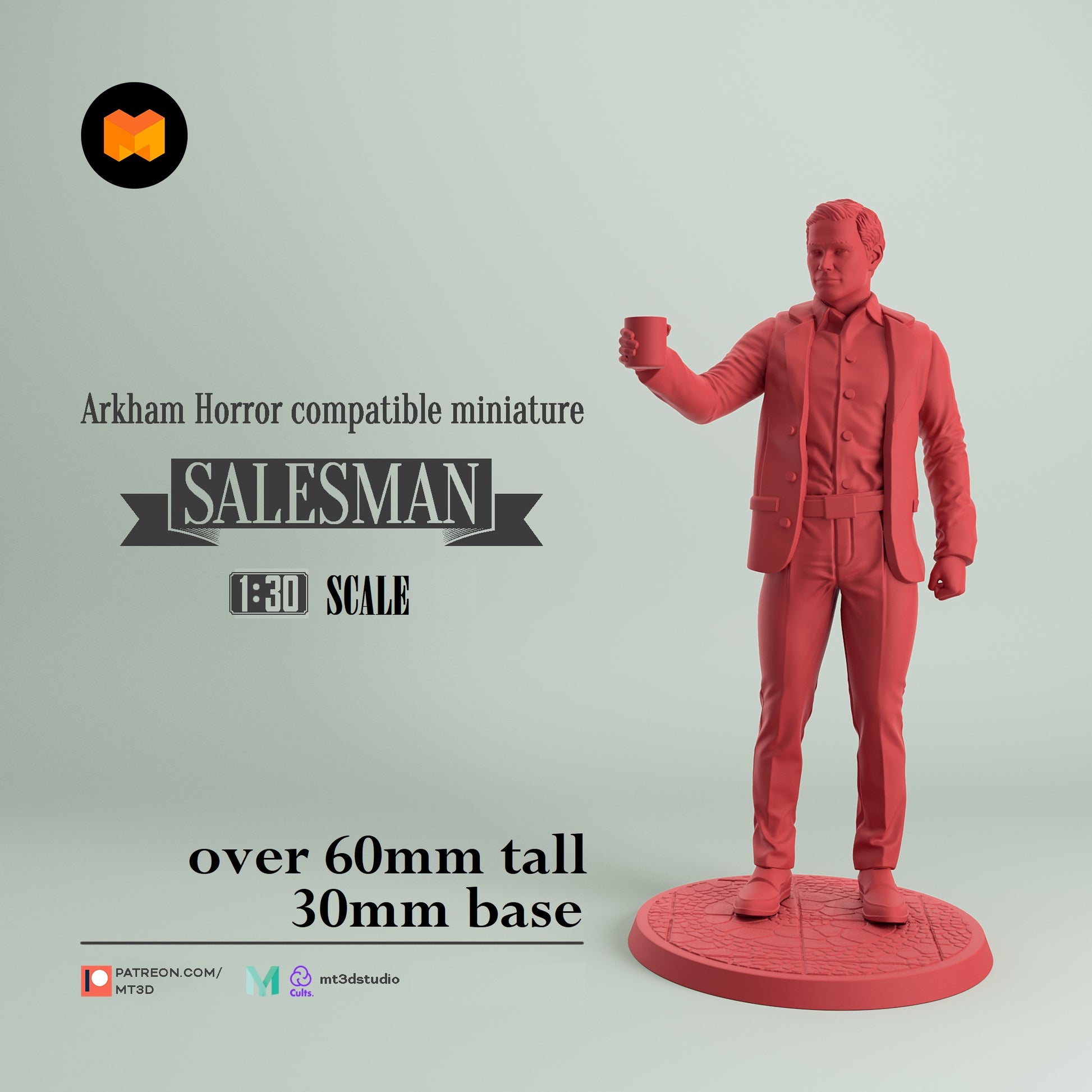 Image shows a 3D render of a 1920s era salesman gaming miniature.