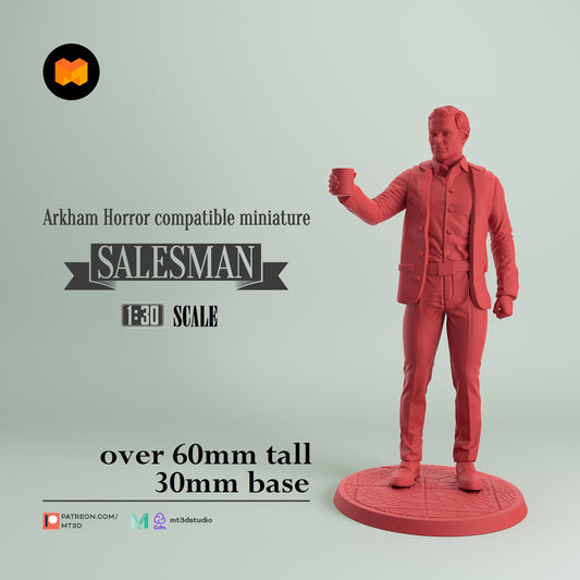 Image shows a 3D render of a 1920s era salesman gaming miniature.