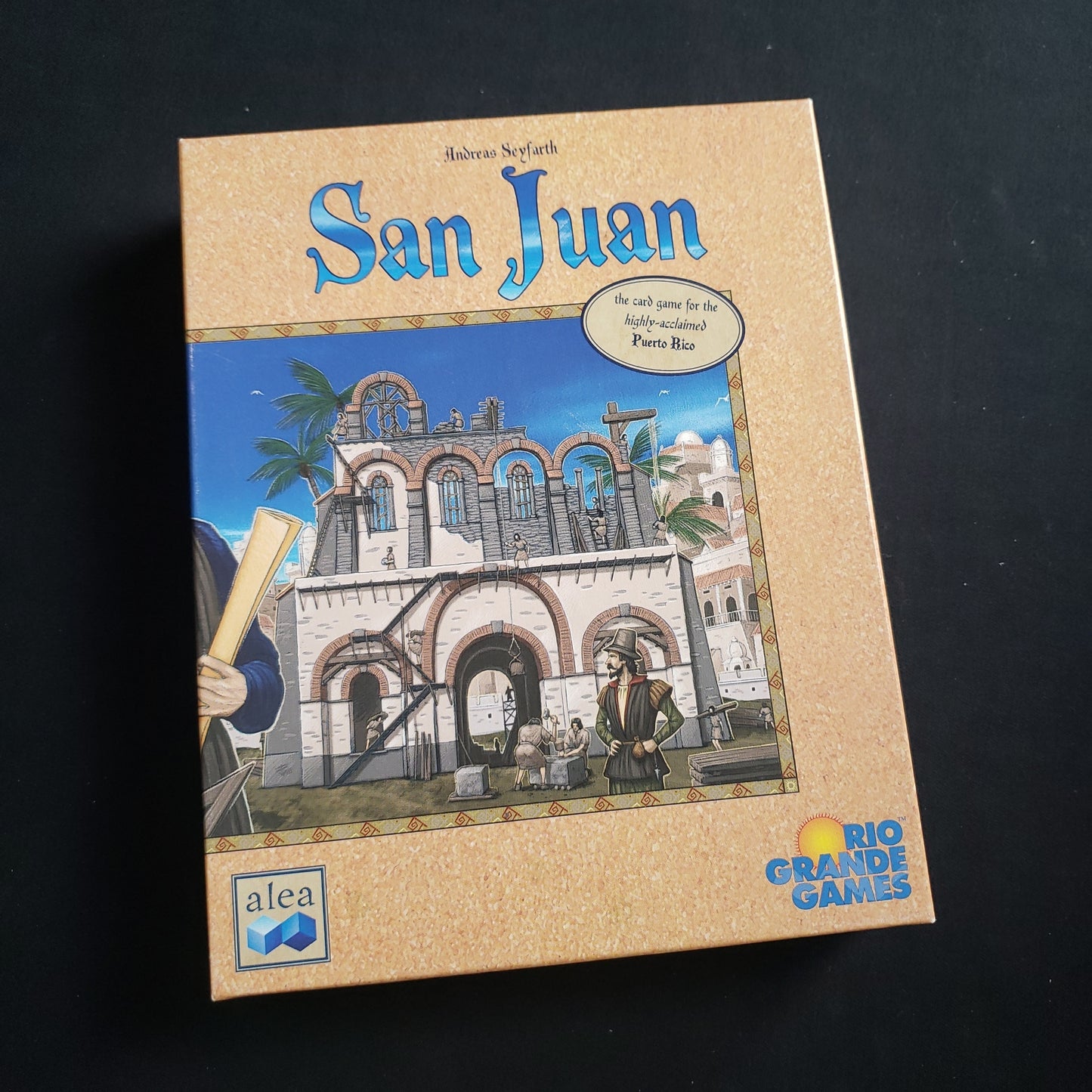 Image shows the front cover of the box of the San Juan card game