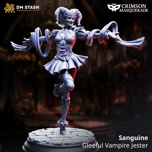 Image shows a 3D render of a masked vampire jester gaming miniature.