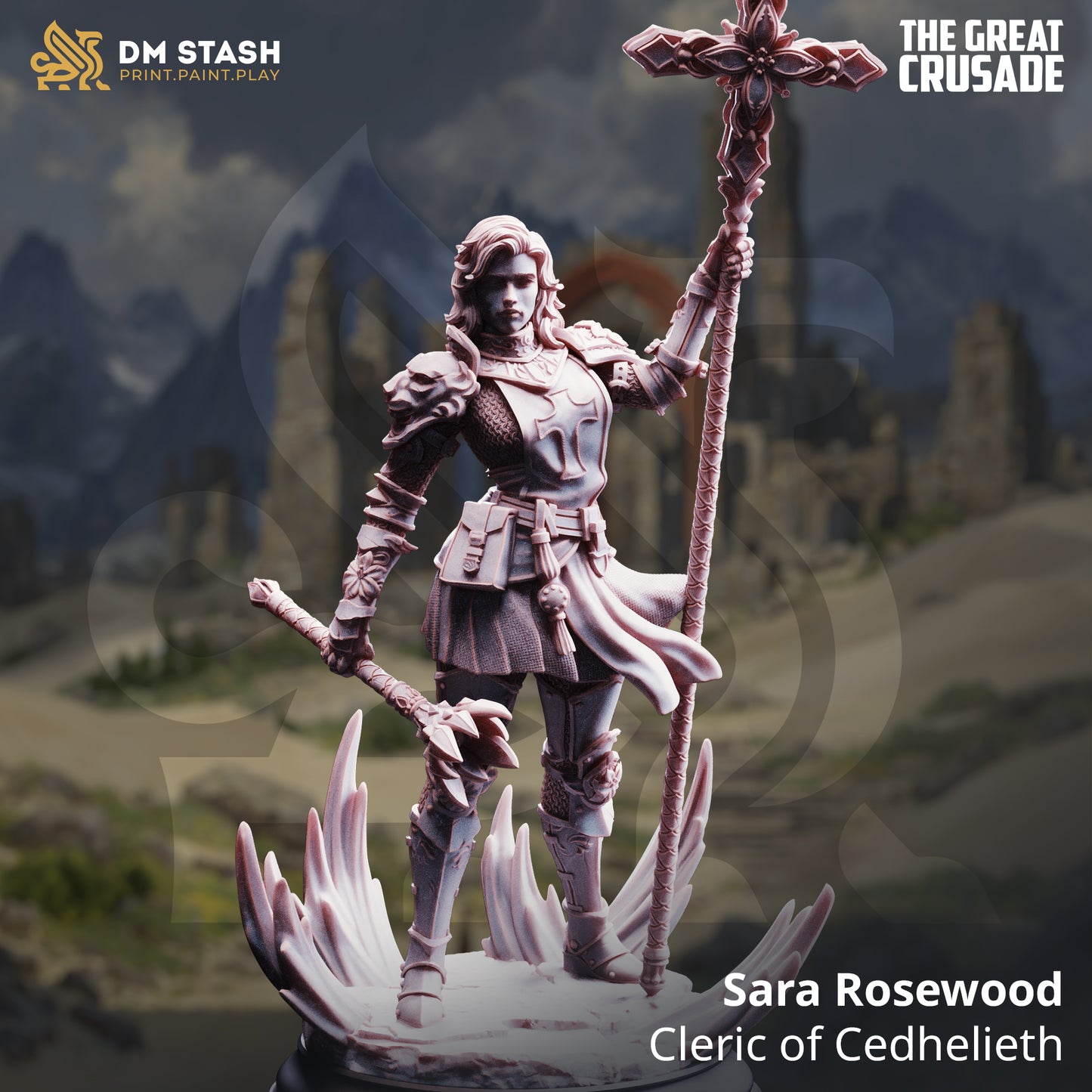 Image shows a 3D render of a human cleric gaming miniature.