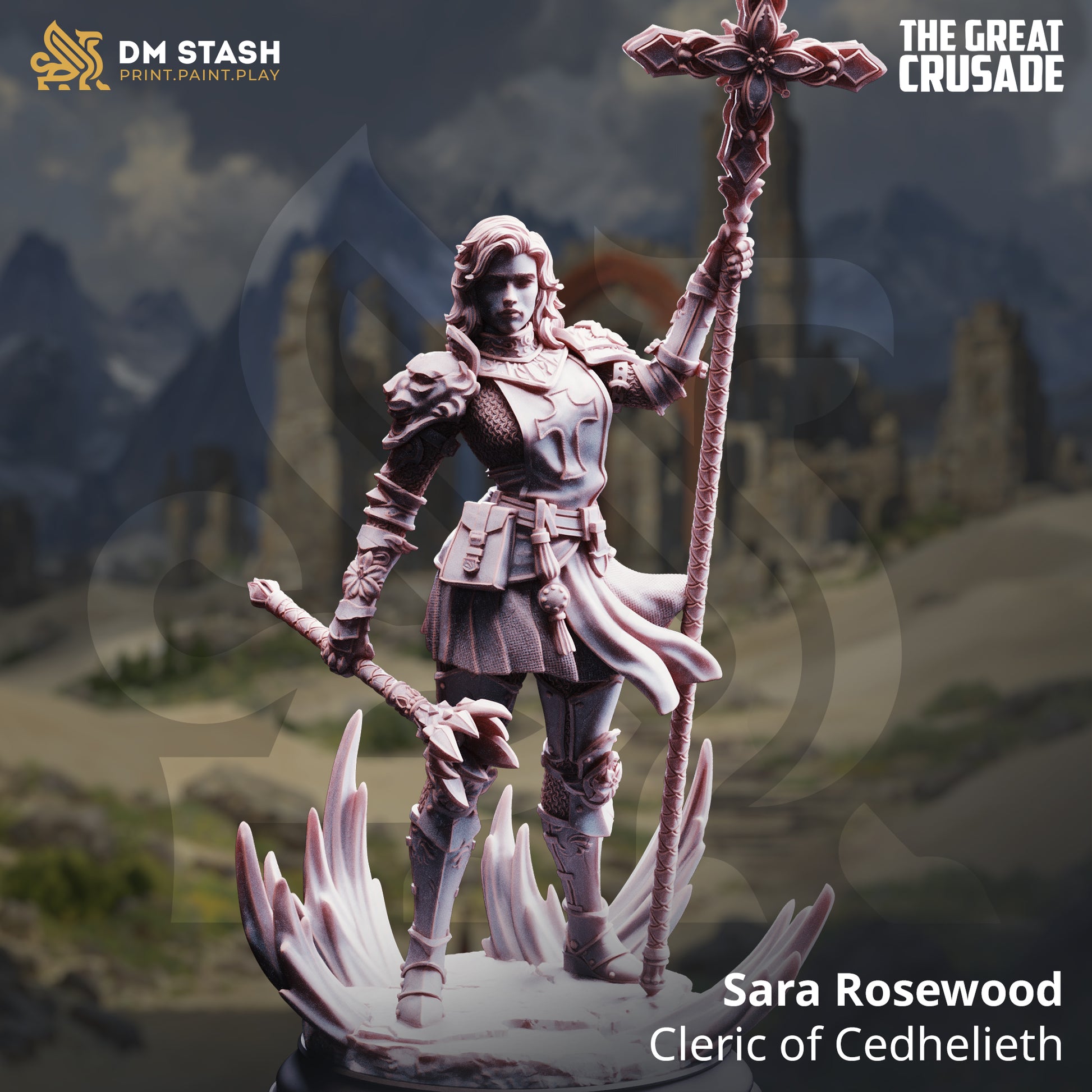 Image shows a 3D render of a human cleric gaming miniature.