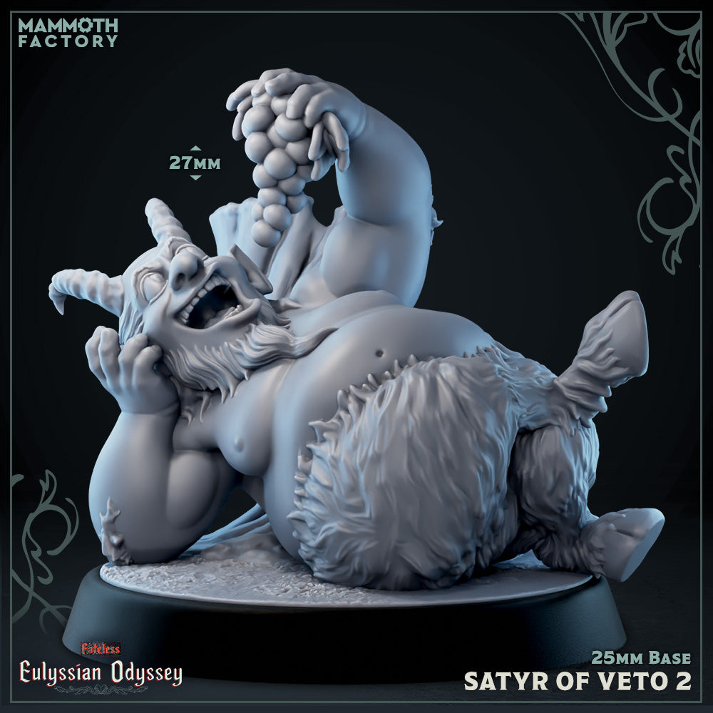 Image shows a 3D render of a satyr gaming miniature eating grapes