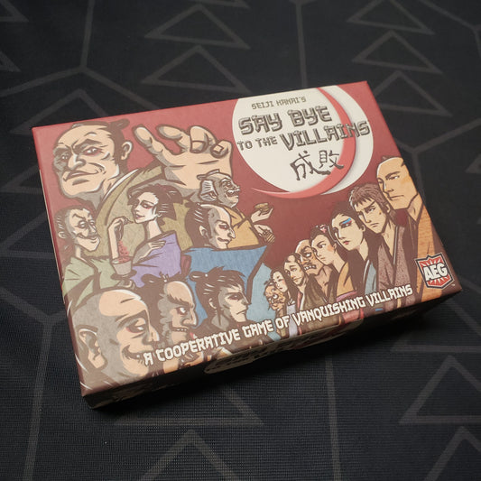Image shows the front cover of the box for the Say Bye to the Villains card game