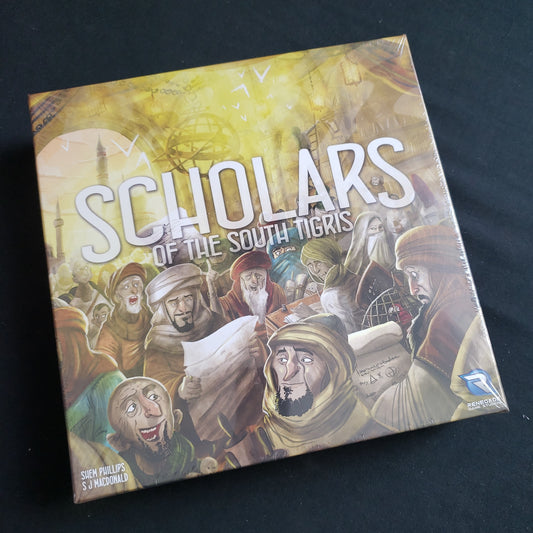 Image shows the front cover of the box of the Scholars of the South Tigris board game