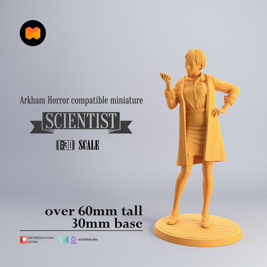 Image shows a 3D render of a scientist gaming miniature