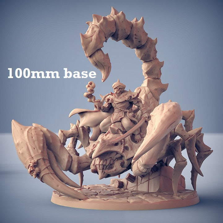 Image shows a 3D render of a giant scorpion gaming miniature with a mounted tabaxi rider