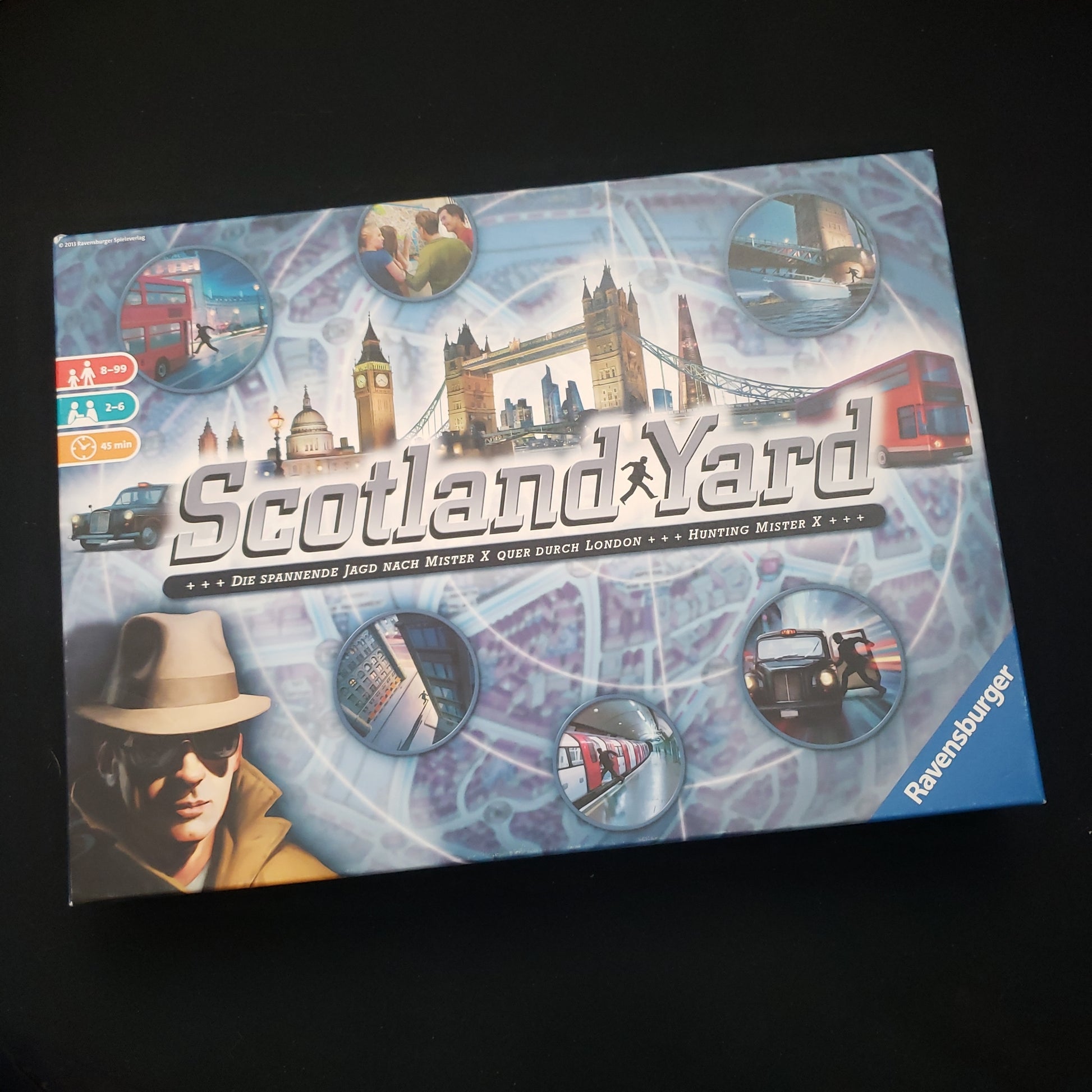 Image shows the front cover of the box of the Scotland Yard board game