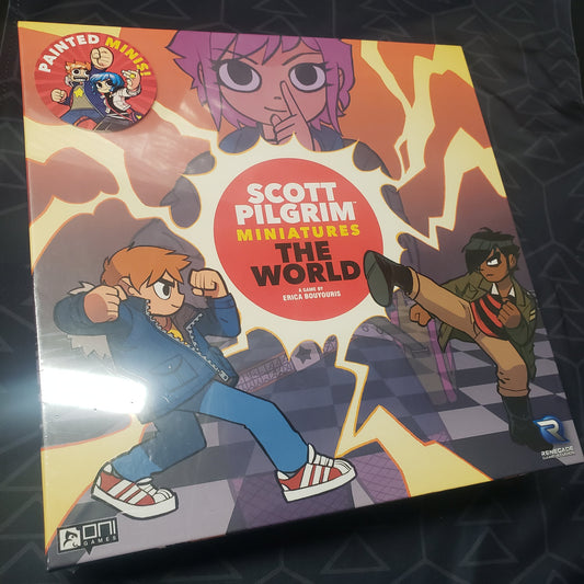 Image shows the front cover of the box for the Scott Pilgrim Miniatures the World board game