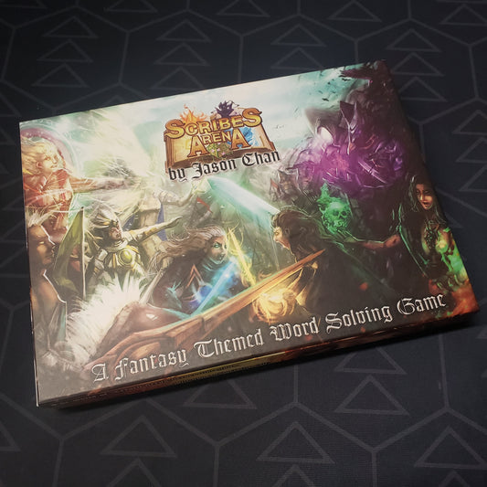 Image shows the front cover of the box for the Scribe's Arena card game