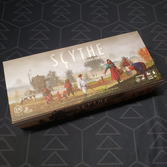 Image shows the front cover of the box of the Invaders from Afar expansion for the board game Scythe