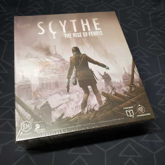 Image shows the front cover of the box of the Rise of Fenris expansion for the board game Scythe