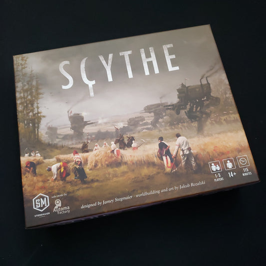 Image shows the front cover of the box of the Scythe board game