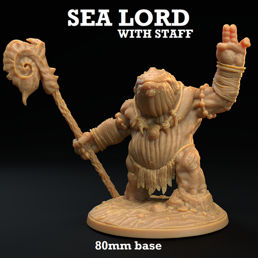 Image shows a 3D render of a whalefolk shaman gaming miniature.