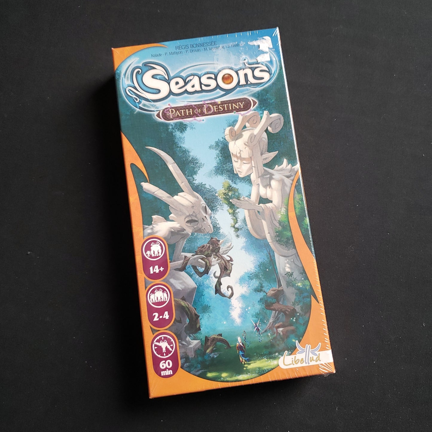 Image shows the front of the box for the Path of Destiny Expansion for the Seasons card game