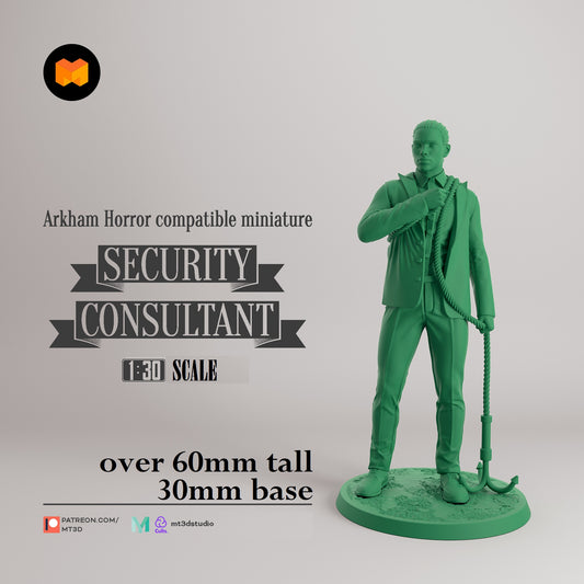 Image shows a 3D render of a security consultant gaming miniature.