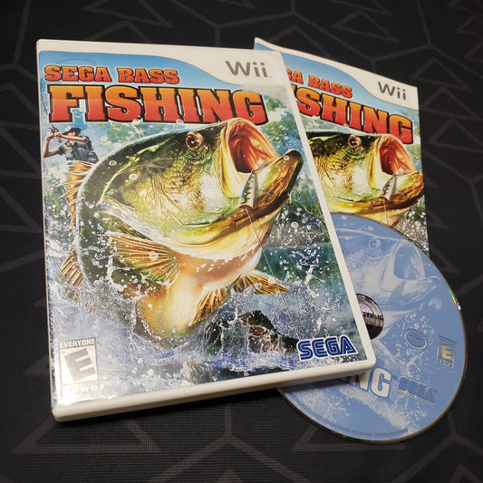 Image shows the case, manual and disc for the video game SEGA Bass Fishing for Nintendo Wii