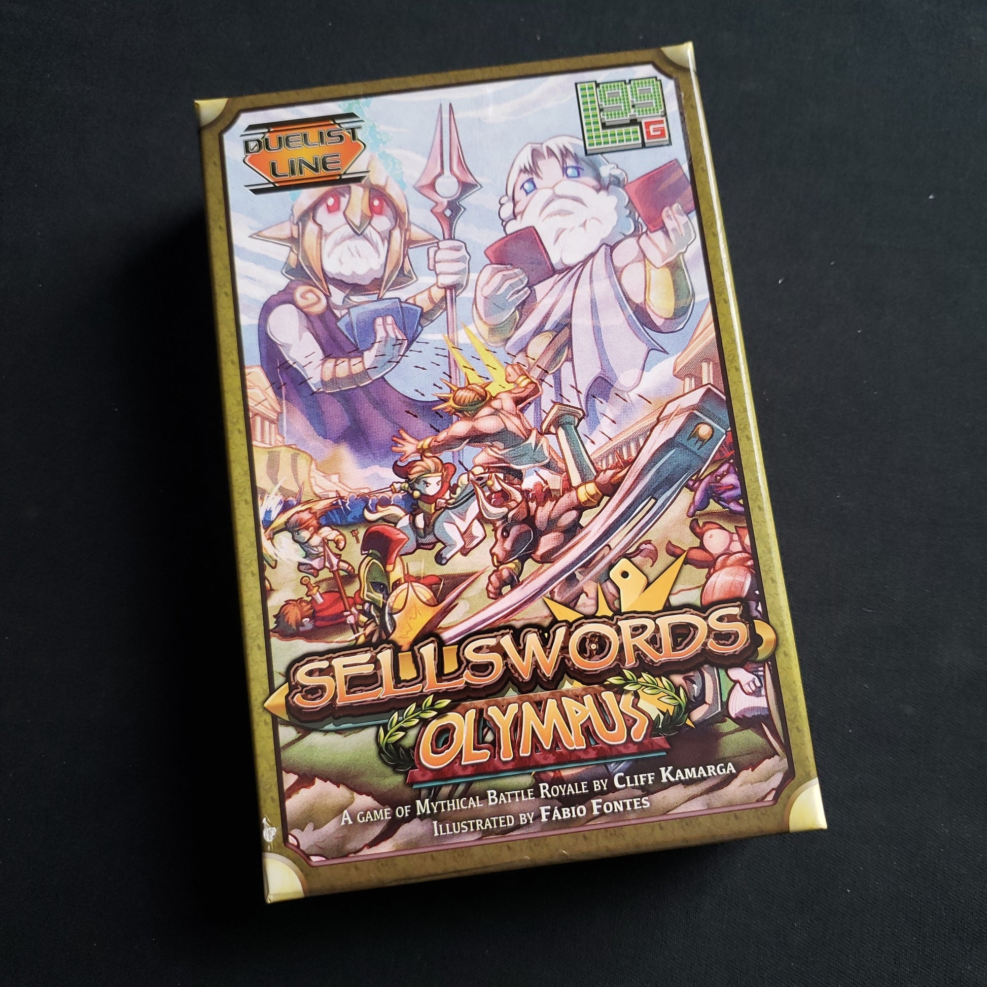 Image shows the front cover of the box of the Sellswords: Olympus board game