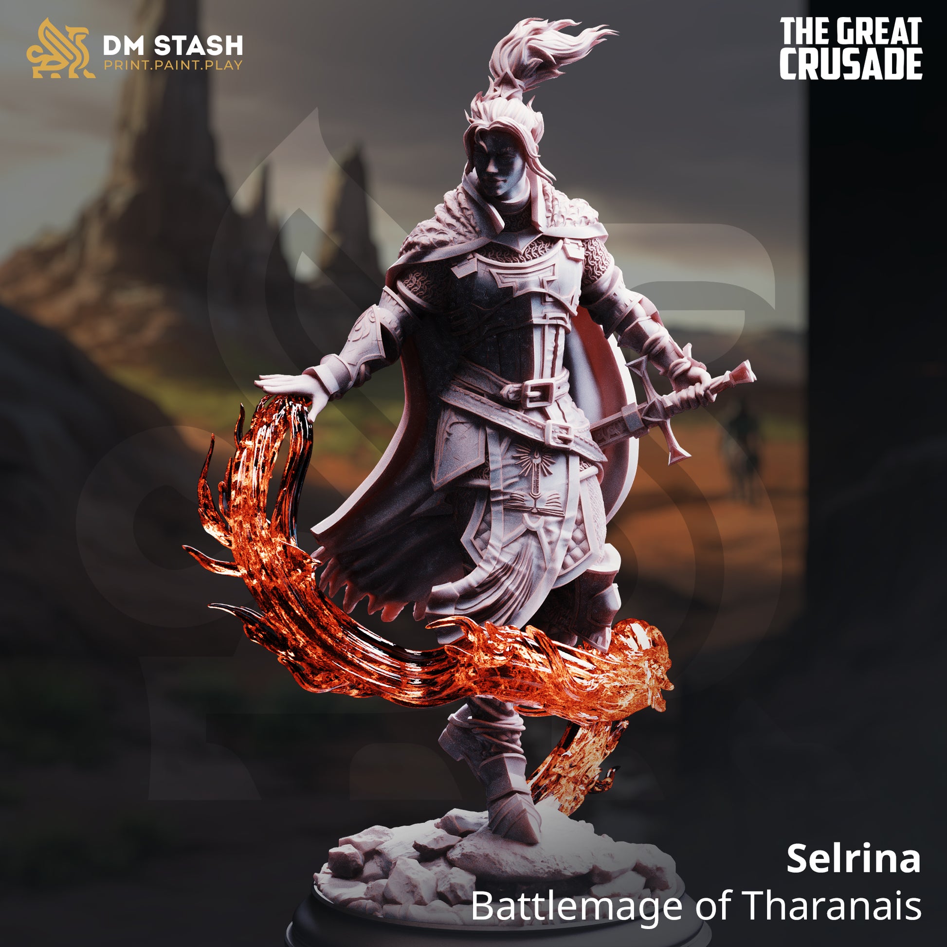 Image shows a 3D render of a human battlemage gaming miniature.